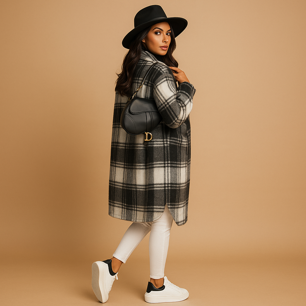 Women’s long checked tailored coat with classic lapel and elegant fit, suitable for everyday outfits and formal occasions.