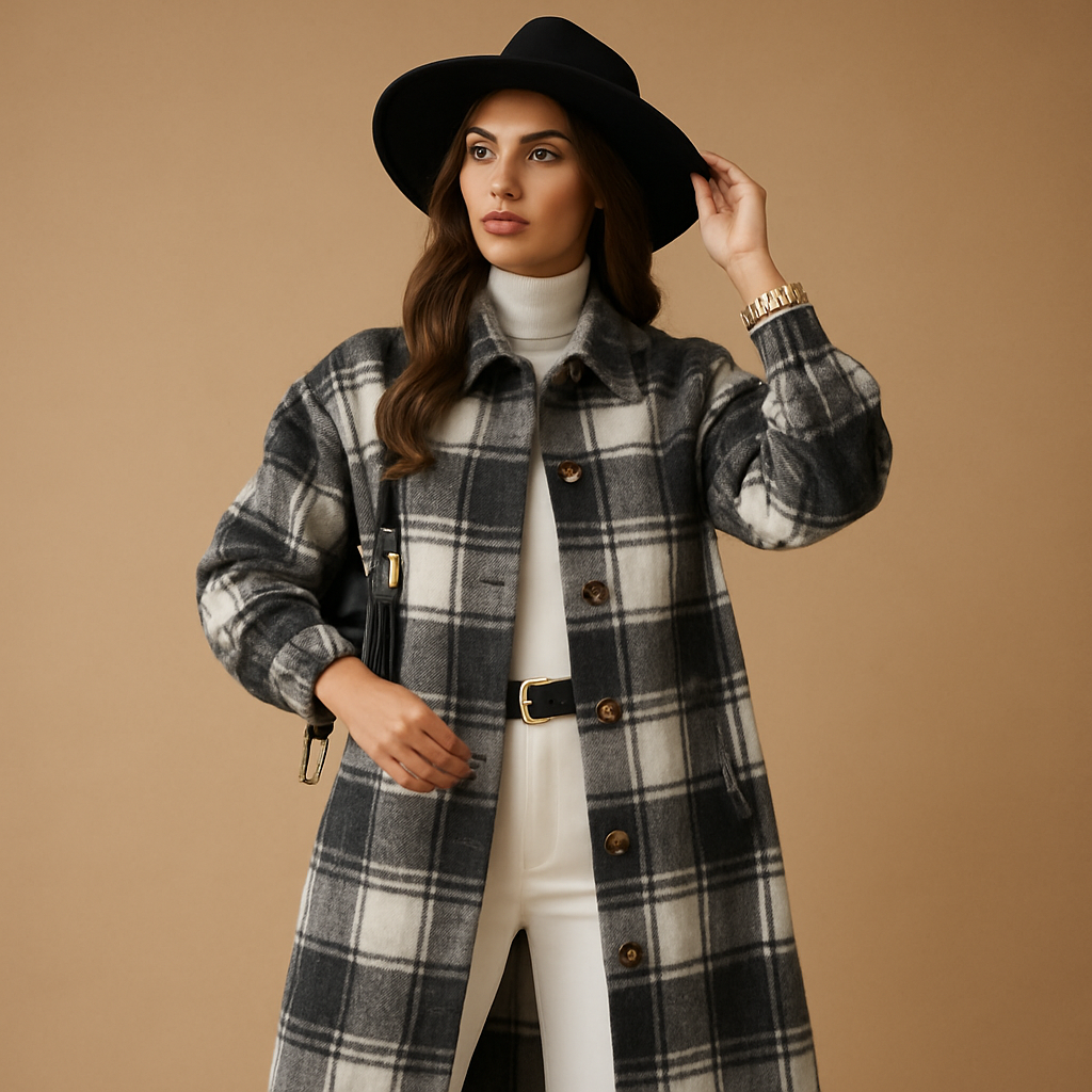 Women’s long checked tailored coat with classic lapel and elegant fit, suitable for everyday outfits and formal occasions.