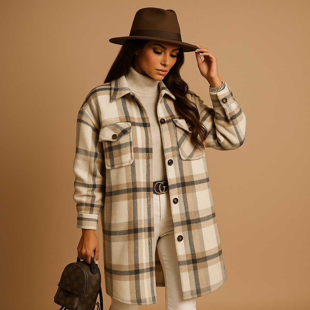 Women’s long checked tailored coat with classic lapel and elegant fit, suitable for everyday outfits and formal occasions.