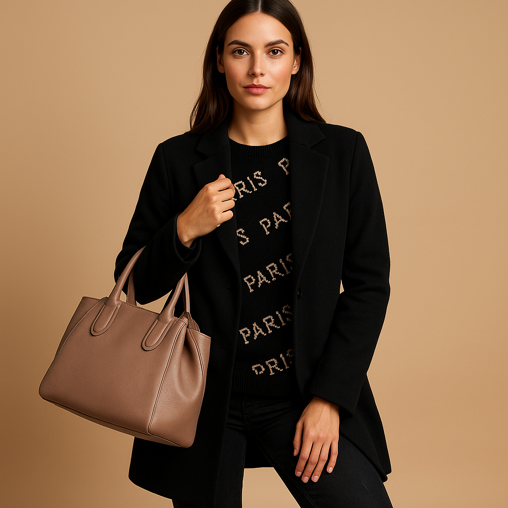 Long elegant women’s coat with a classic tailored silhouette in neutral tones, perfect for daily wear and formal occasions.