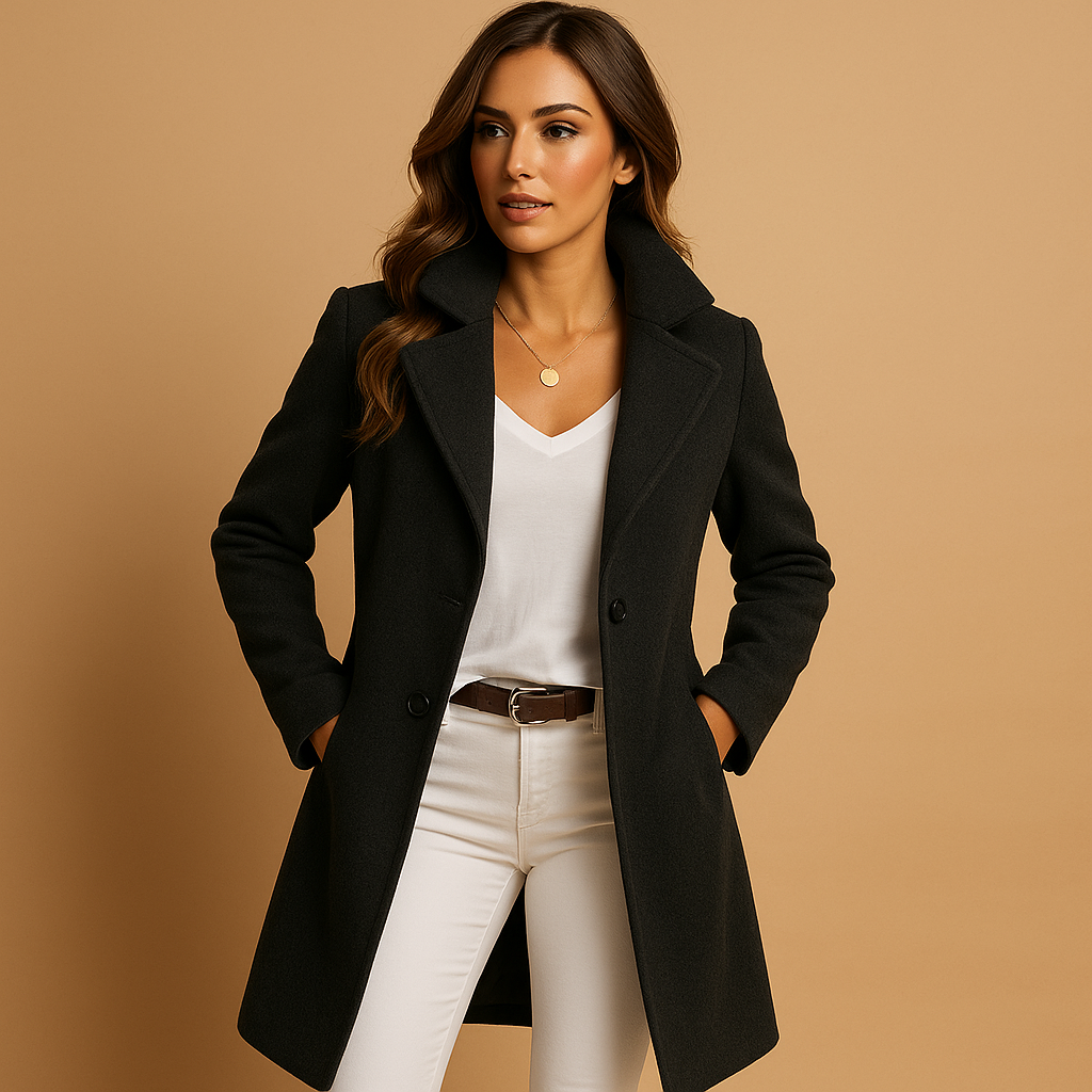 Women’s long elegant coat with button closure and classic collar in grey, dark grey, camel, and black. Tailored fit for formal or casual outfits.