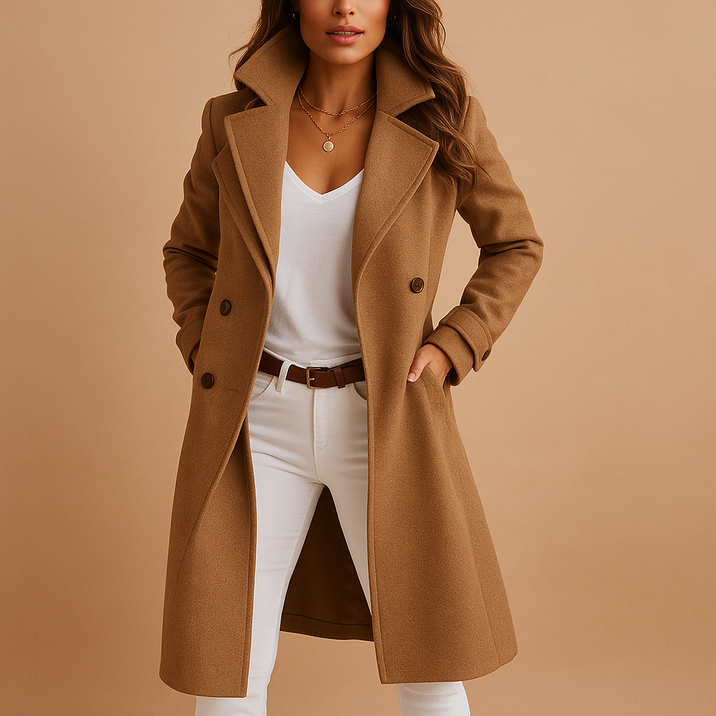 Women’s long elegant coat with button closure and classic collar in grey, dark grey, camel, and black. Tailored fit for formal or casual outfits.