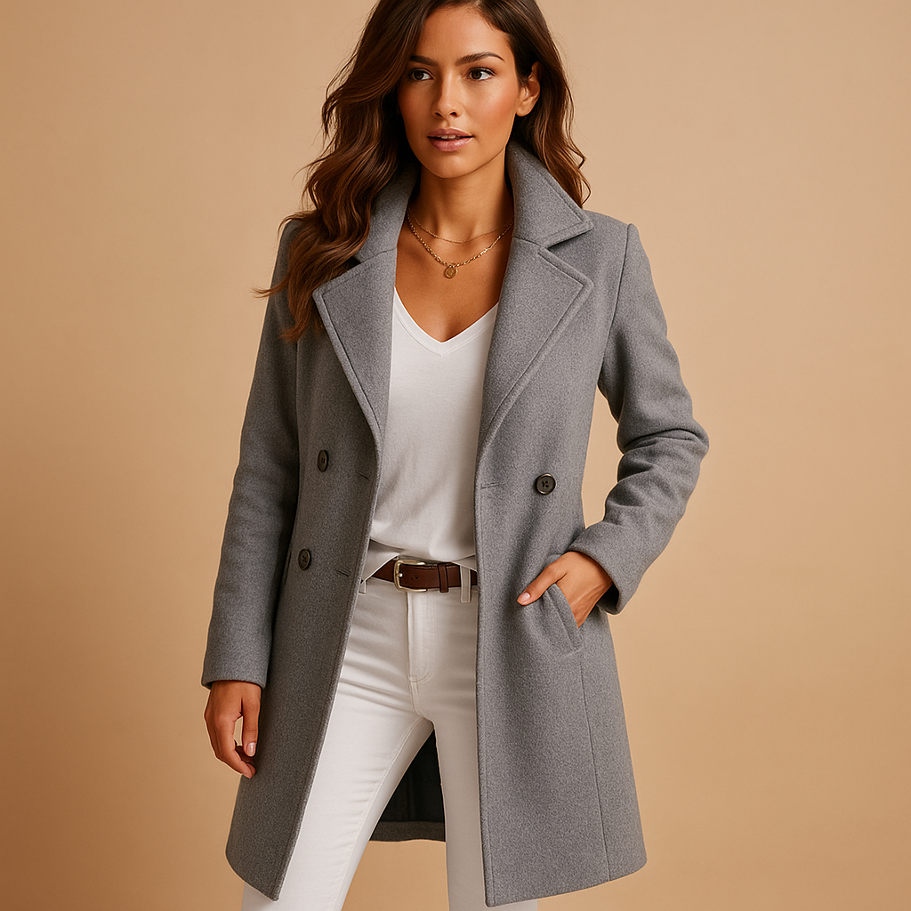 Women’s long elegant coat with button closure and classic collar in grey, dark grey, camel, and black. Tailored fit for formal or casual outfits.