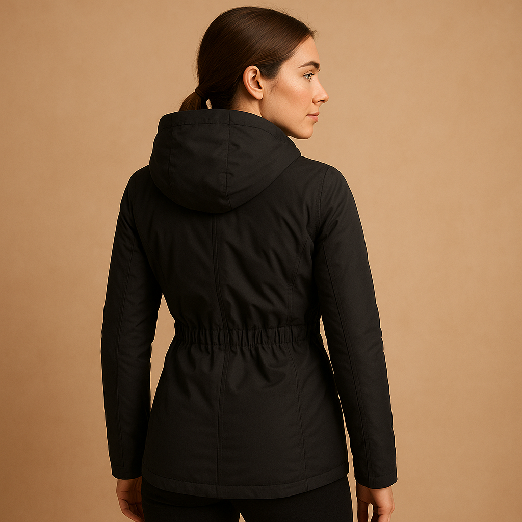 Women’s long elegant winter coat with a tailored fit and insulating lining, suitable for winter days, commuting, and formal occasions.