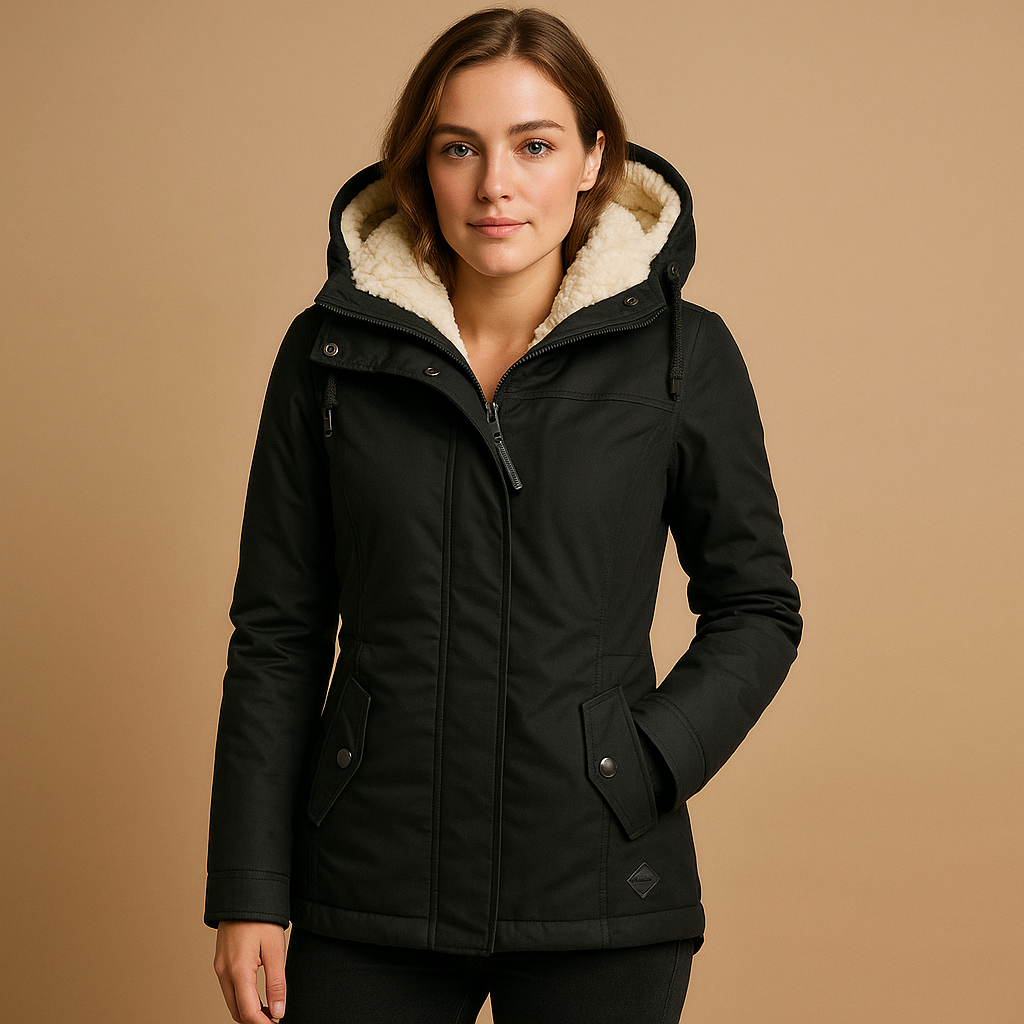 Women’s long elegant winter coat with a tailored fit and insulating lining, suitable for winter days, commuting, and formal occasions.