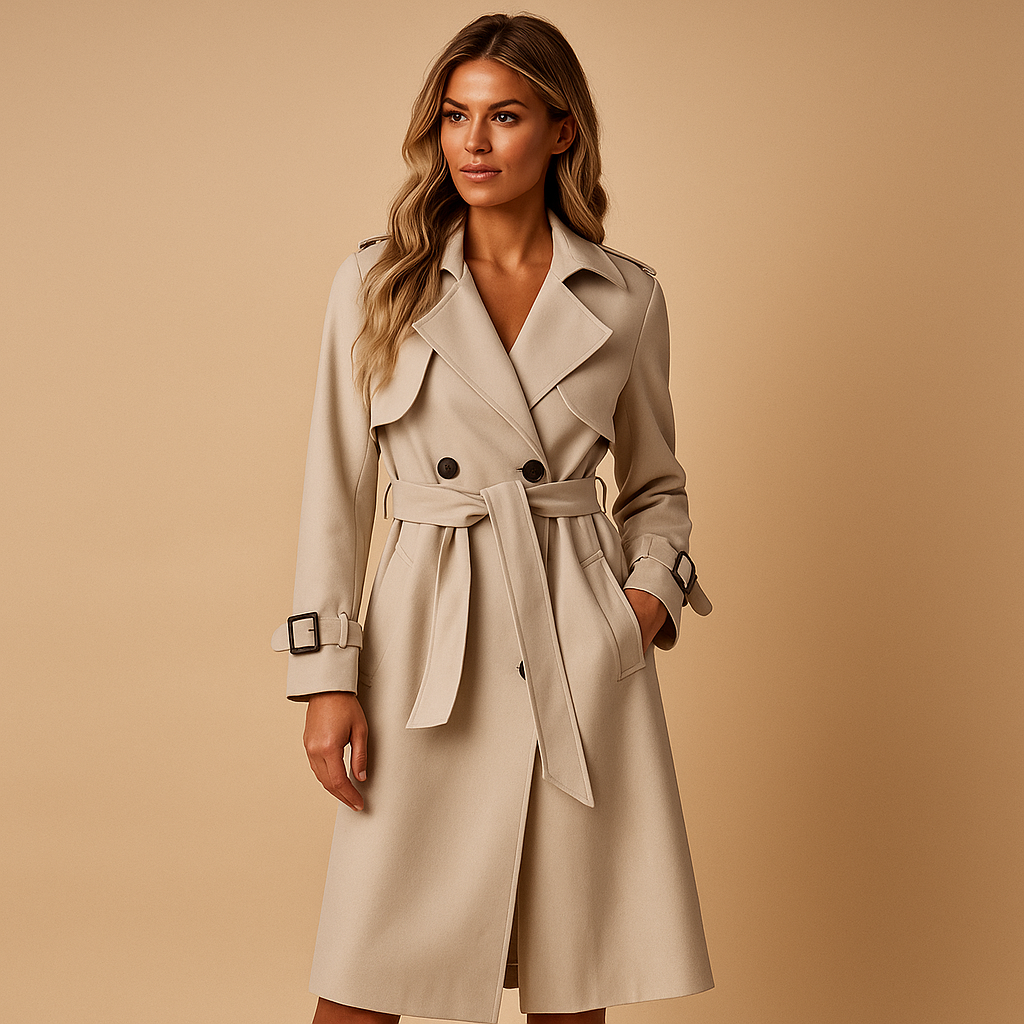 Women’s long elegant winter coat with double-breasted closure, tailored fit, and refined silhouette, perfect for winter occasions.