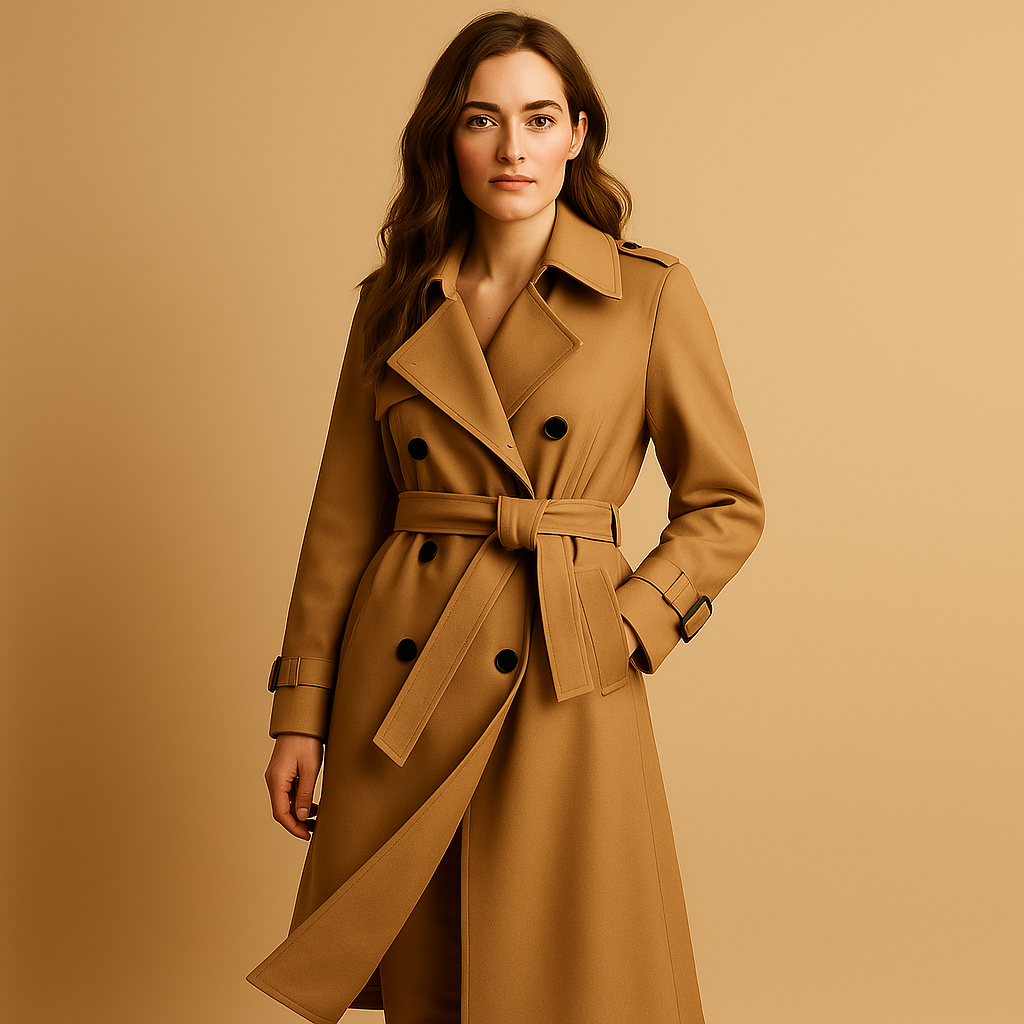 Women’s long elegant winter coat with double-breasted closure, tailored fit, and refined silhouette, perfect for winter occasions.