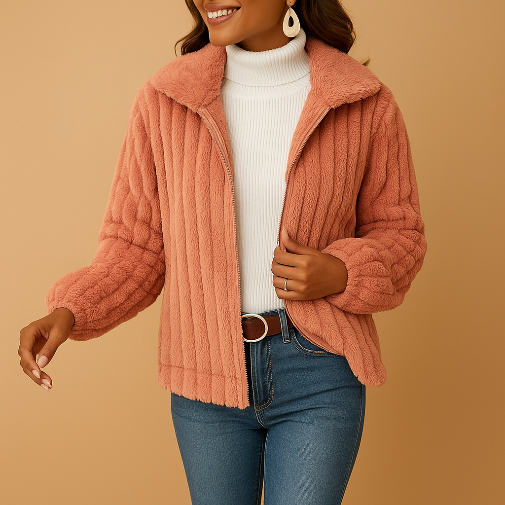 Women’s long fleece cardigan with stand-up collar and relaxed fit, perfect for layering during cool weather and cozy days.