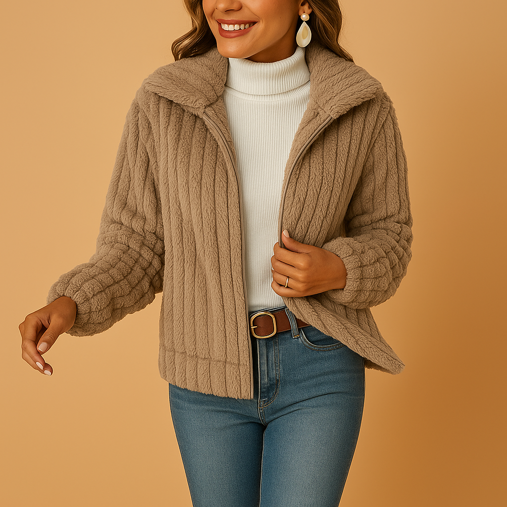Women’s long fleece cardigan with stand-up collar and relaxed fit, perfect for layering during cool weather and cozy days.