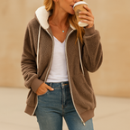 Long fleece cardigan for women with hood, oversized relaxed fit, and breathable fabric, available in Red, Purple, Grey, Green, Black, Blue, White, and Khaki.