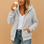 Long fleece cardigan for women with hood, oversized relaxed fit, and breathable fabric, available in Red, Purple, Grey, Green, Black, Blue, White, and Khaki.