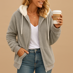 Long fleece cardigan for women with hood, oversized relaxed fit, and breathable fabric, available in Red, Purple, Grey, Green, Black, Blue, White, and Khaki.