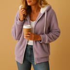 Long fleece cardigan for women with hood, oversized relaxed fit, and breathable fabric, available in Red, Purple, Grey, Green, Black, Blue, White, and Khaki.