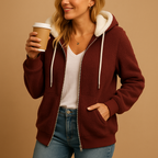 Long fleece cardigan for women with hood, oversized relaxed fit, and breathable fabric, available in Red, Purple, Grey, Green, Black, Blue, White, and Khaki.