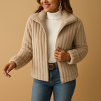 Women’s long fleece jacket with stand collar and pockets, perfect for warmth and stylish winter layering.