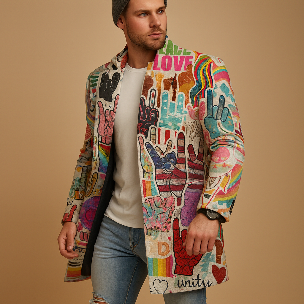 Men’s long coat with graphic design and modern look, providing comfort and weather protection for stylish everyday wear.