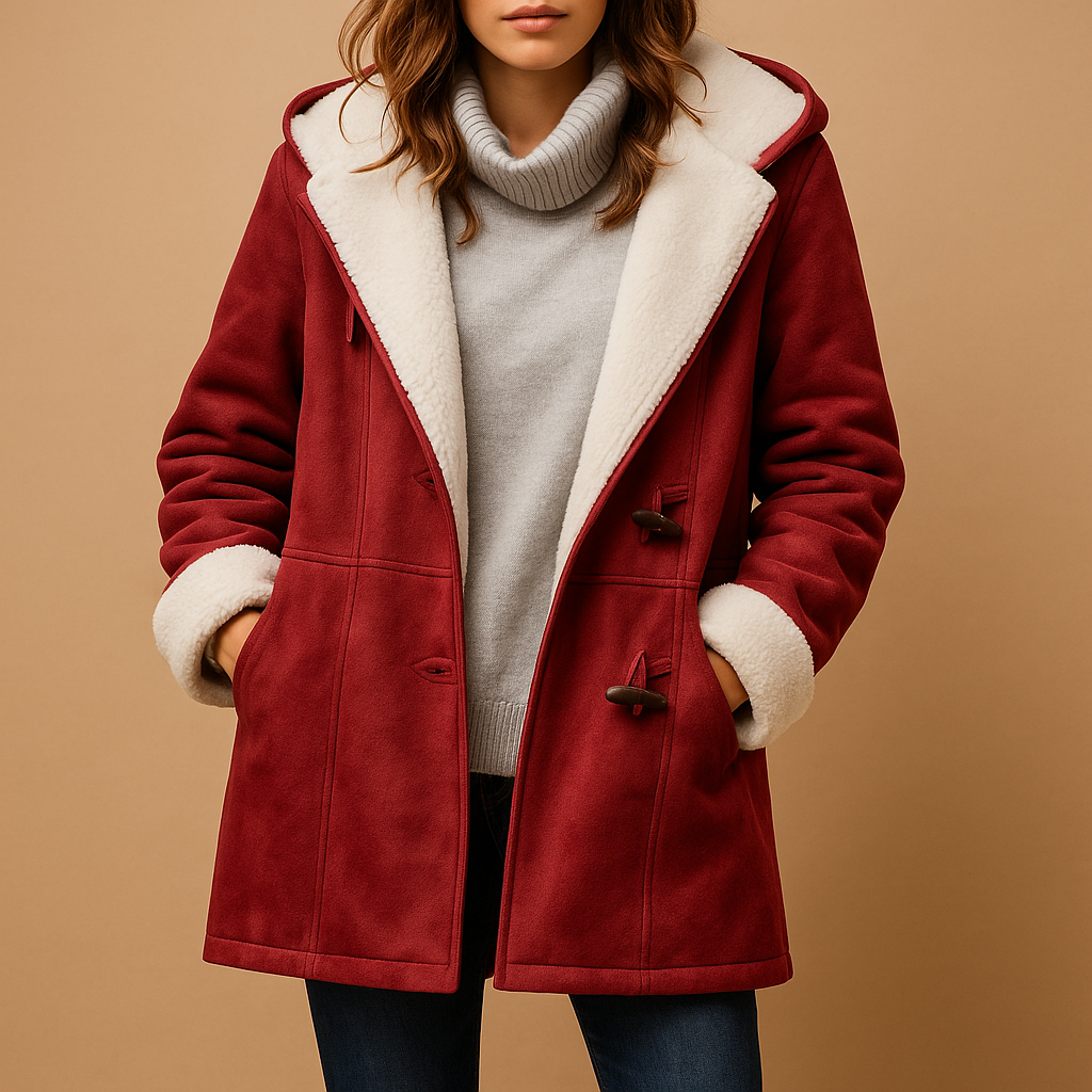 Women’s long hooded winter coat with a modern fit and soft insulating fabric, suitable for cold days, casual wear, and dressed winter occasions.