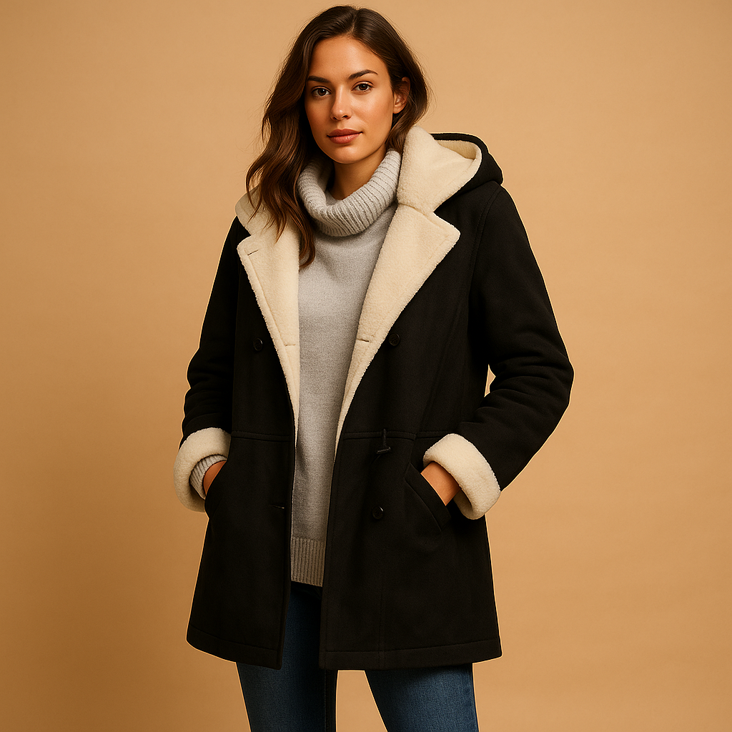 Women’s long hooded winter coat with a modern fit and soft insulating fabric, suitable for cold days, casual wear, and dressed winter occasions.