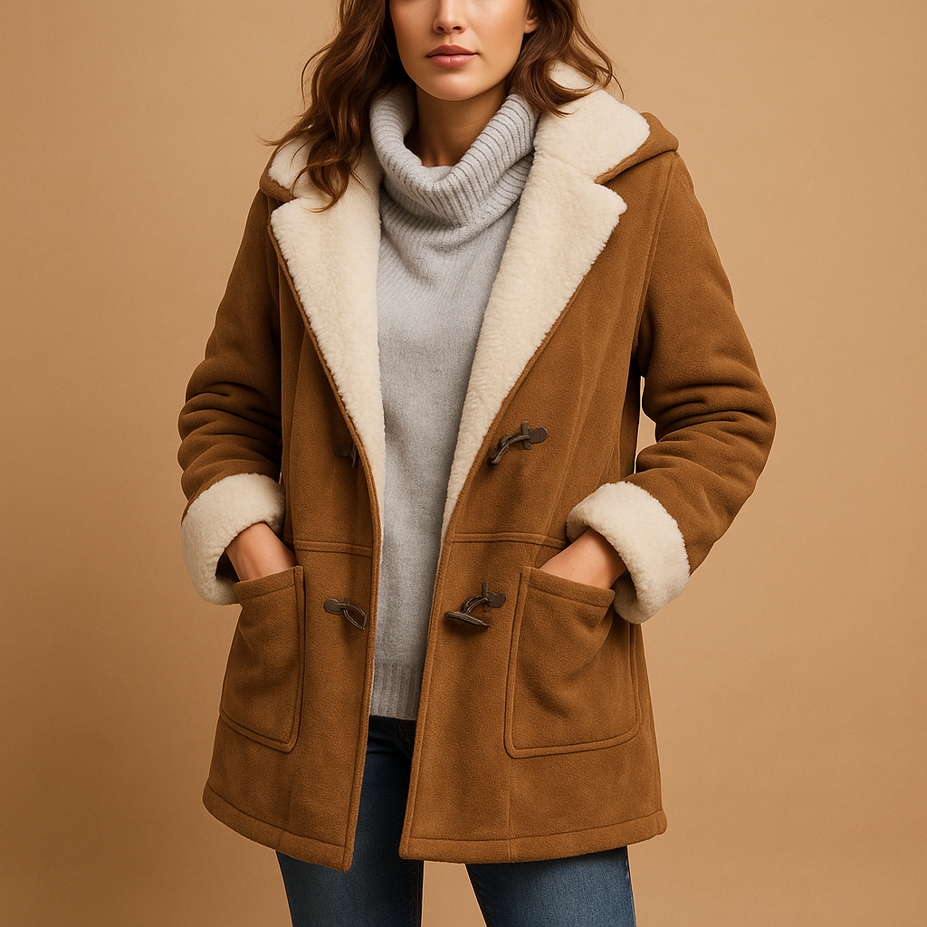 Women’s long hooded winter coat with a modern fit and soft insulating fabric, suitable for cold days, casual wear, and dressed winter occasions.