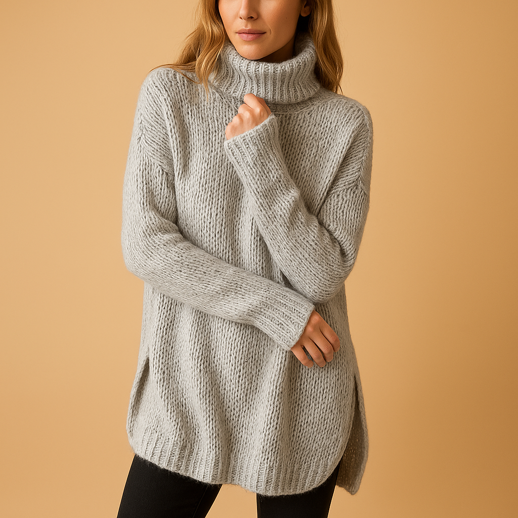 Women’s long knitted sweater with carbon-inspired print, perfect for autumn and winter layering.