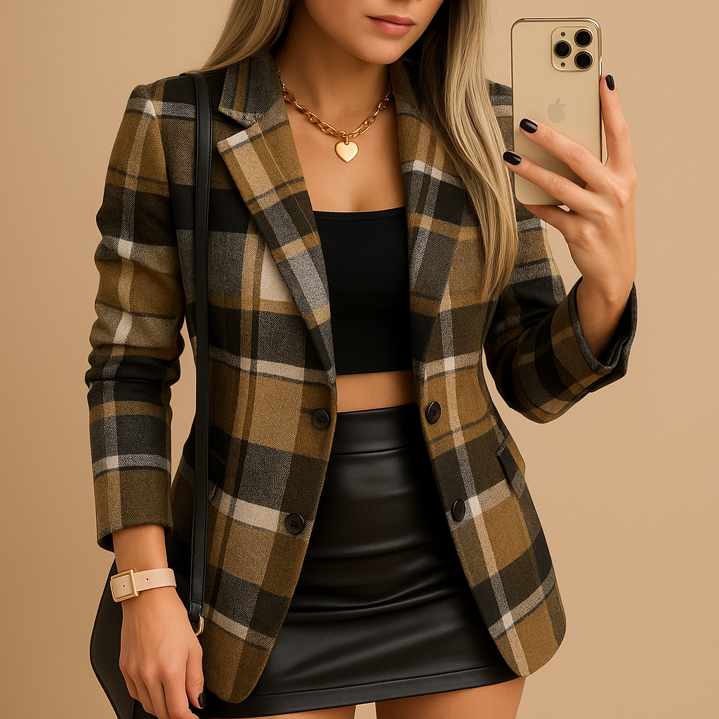Long quilted plaid women’s blazer with button closure, offering warmth and style for winter outfits and everyday wear.