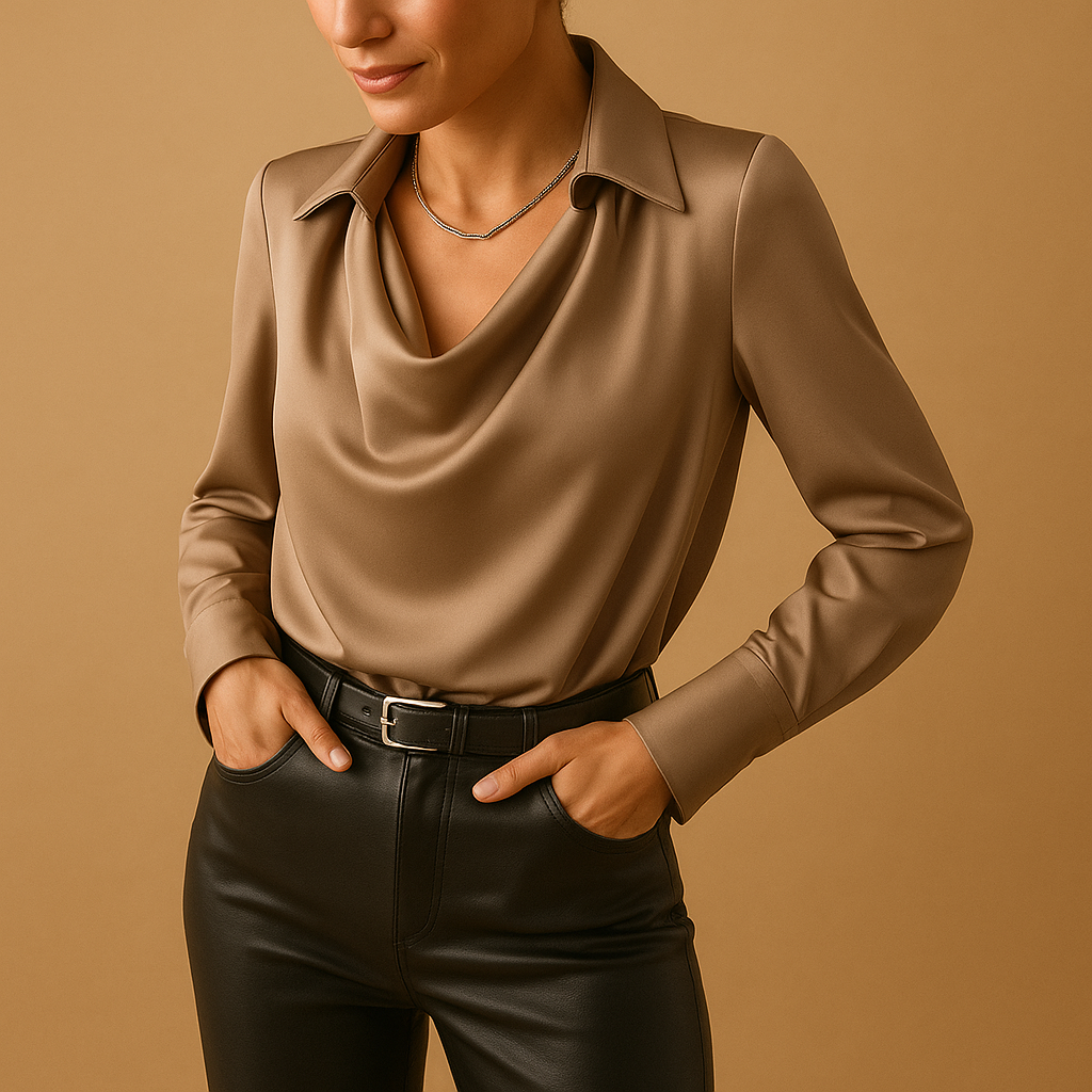 Women’s long sleeve blouse with an elegant design and tailored fit, styled for work, formal occasions, and everyday chic looks.