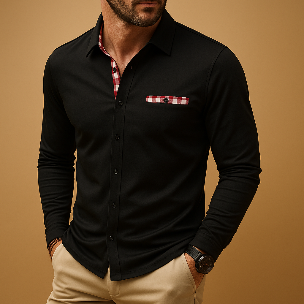 Men’s long sleeve polo shirt with collar and button closure, ideal for casual and business outfits in black, navy, grey, or white.