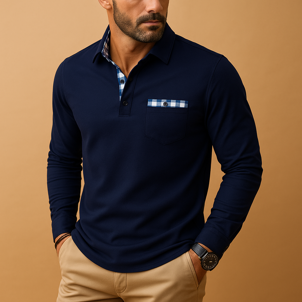 Men’s long sleeve polo shirt with collar and button closure, ideal for casual and business outfits in black, navy, grey, or white.