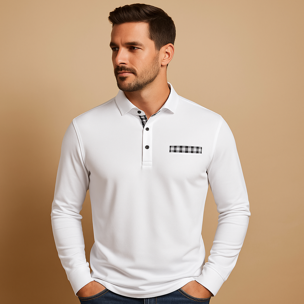 Men’s long sleeve polo shirt with collar and button closure, ideal for casual and business outfits in black, navy, grey, or white.