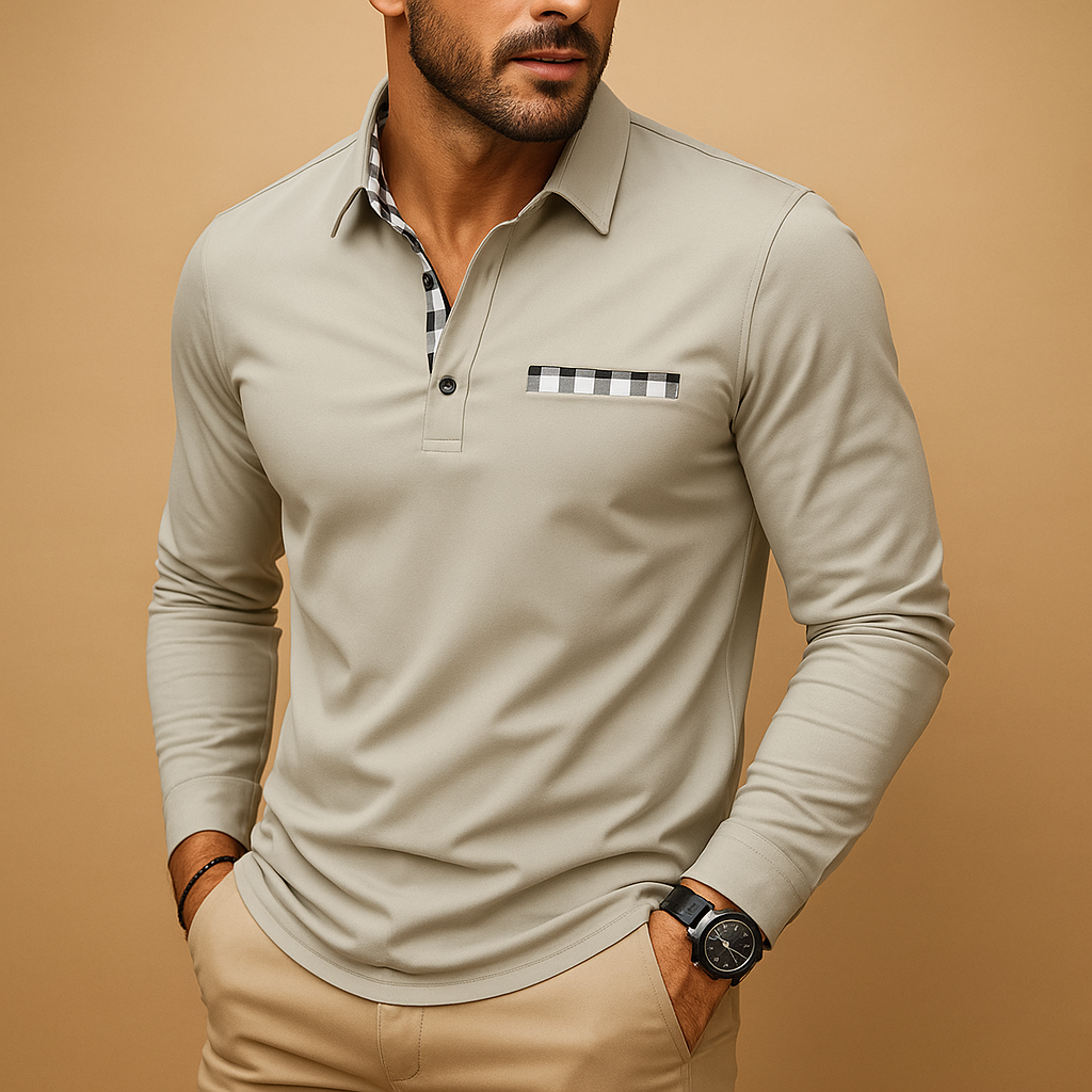 Men’s long sleeve polo shirt with collar and button closure, ideal for casual and business outfits in black, navy, grey, or white.