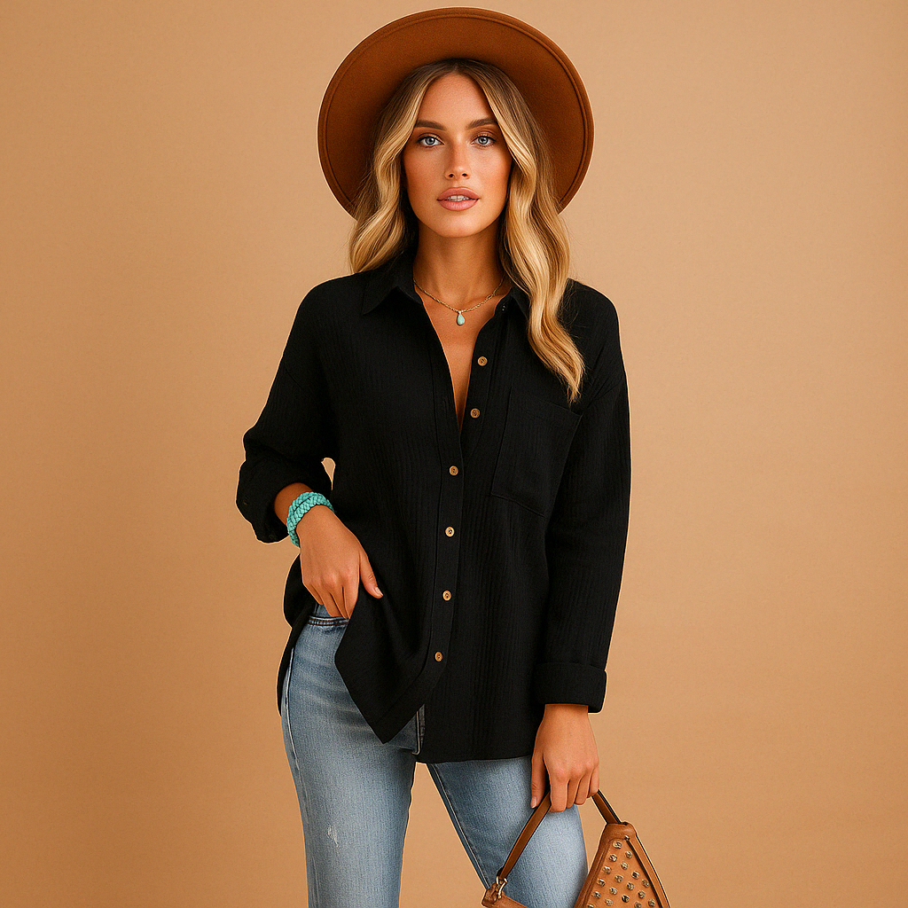 Long sleeve polo shirt for women with a relaxed fit, classic collar, and chest pocket, suitable for work and casual wear.