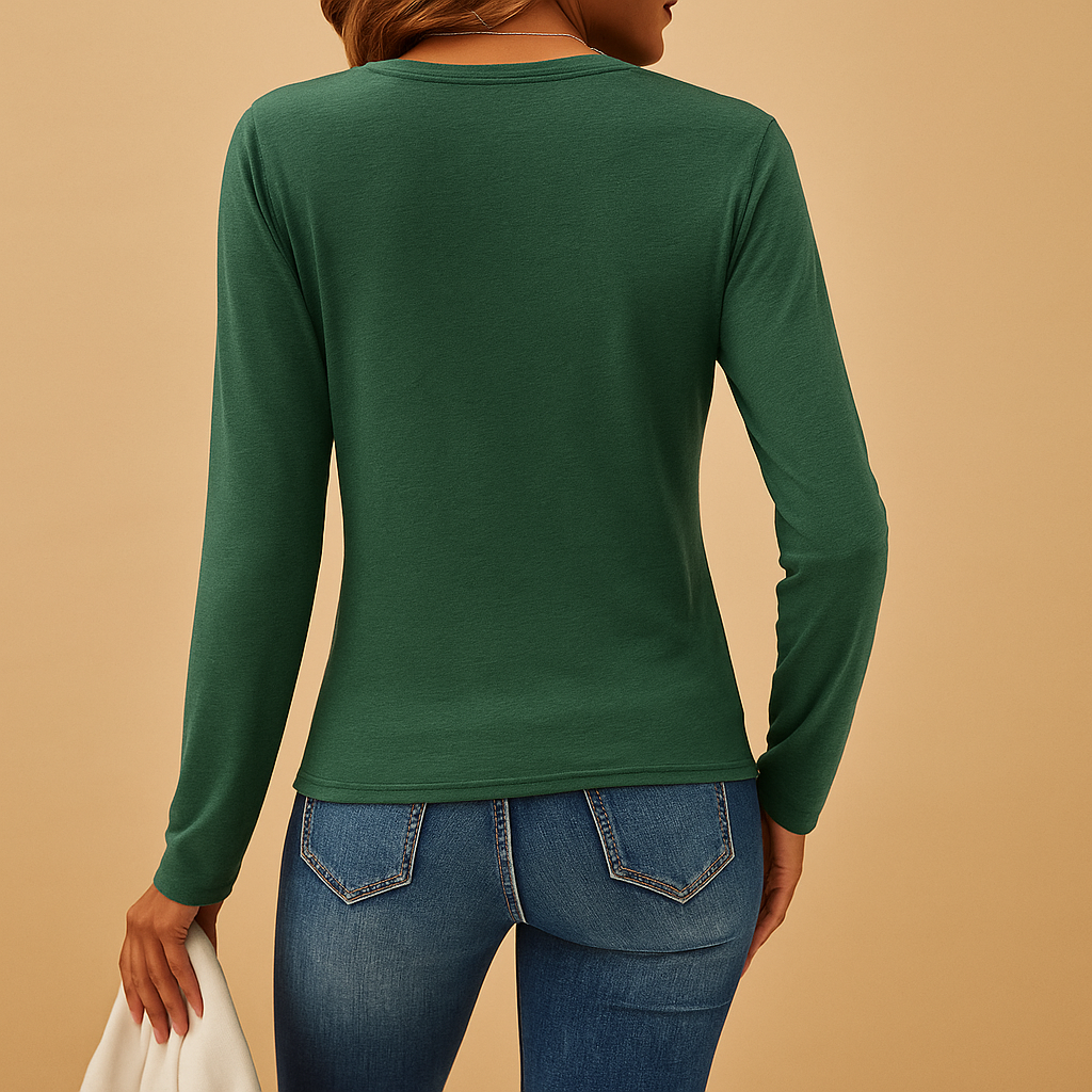 Long sleeve V-neck shirt for women with a relaxed classic fit, suitable for work, casual wear, and everyday outfits.