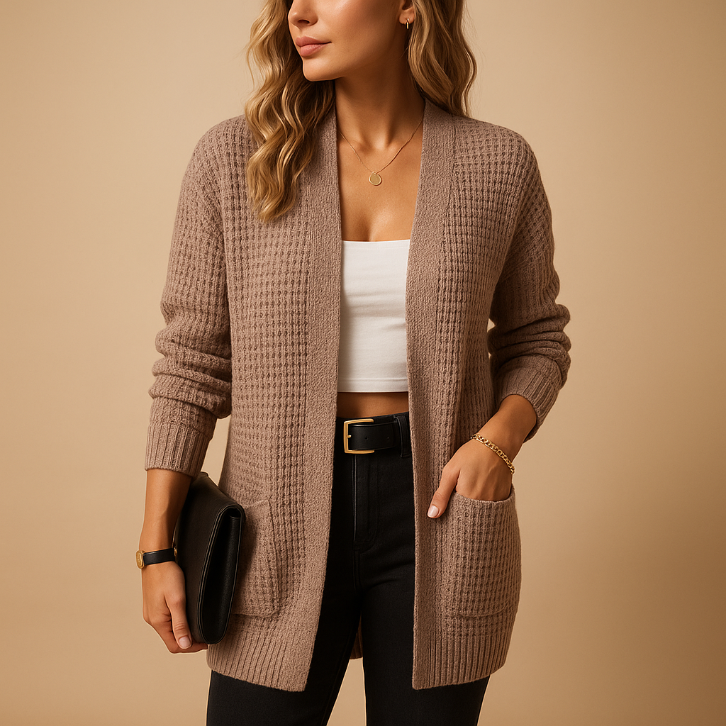 Long v-neck cardigan for women with relaxed fit, soft breathable knit, and practical pockets. Perfect for layering in casual or office outfits.