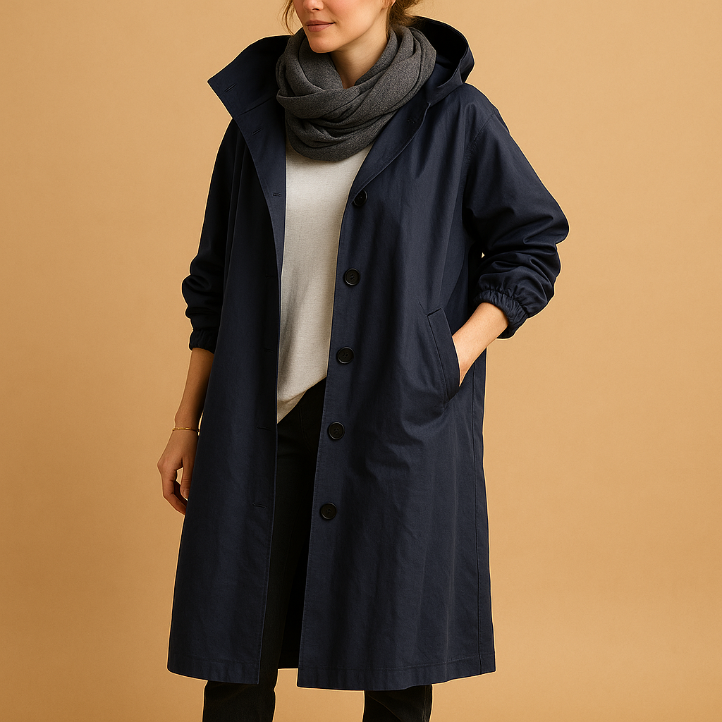 Women’s long waterproof raincoat with adjustable waist, breathable design, removable hood, and belt, suitable for daily wear and rainy conditions.