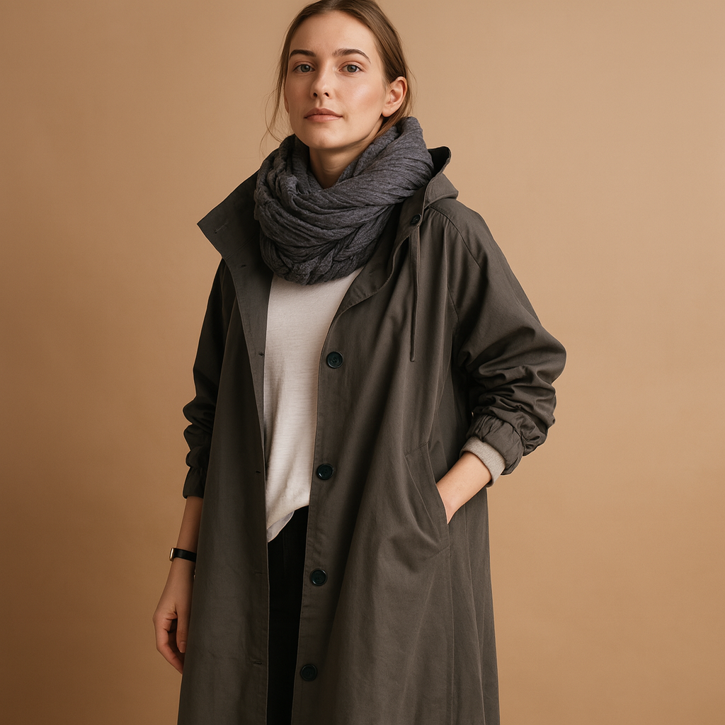Women’s long waterproof raincoat with adjustable waist, breathable design, removable hood, and belt, suitable for daily wear and rainy conditions.