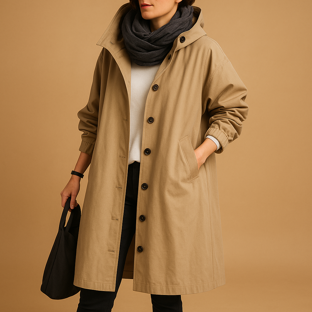 Women’s long waterproof raincoat with adjustable waist, breathable design, removable hood, and belt, suitable for daily wear and rainy conditions.