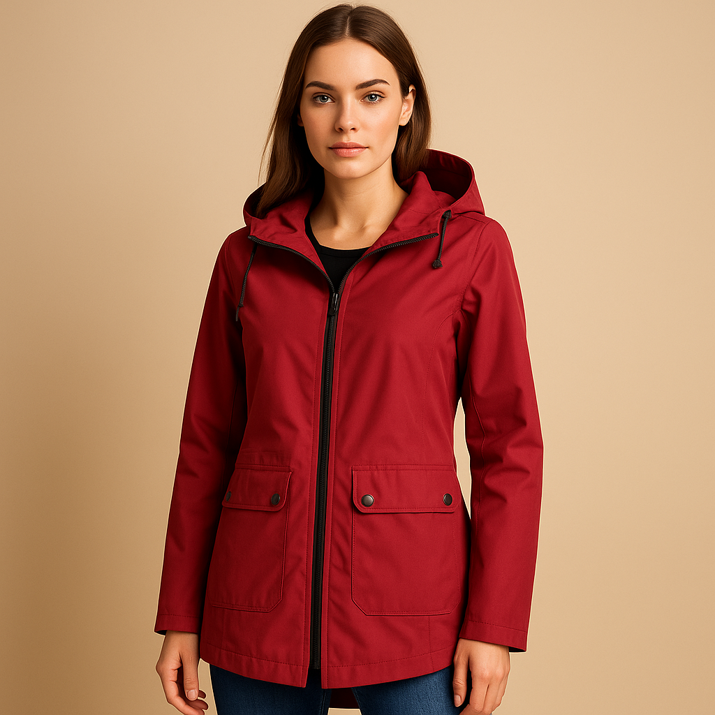 Women’s long waterproof raincoat with hood and breathable design, suitable for rainy days, commuting, and everyday outdoor wear.