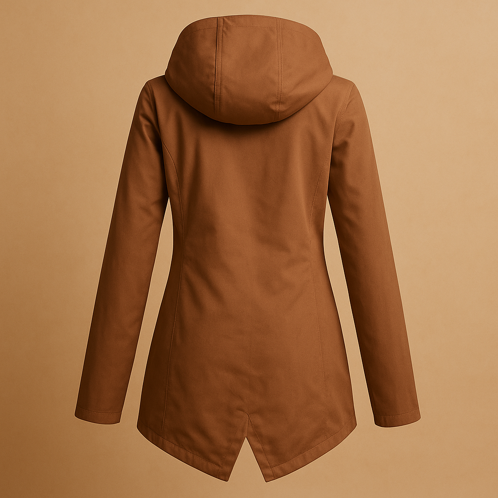 Women’s long waterproof raincoat with hood and breathable design, suitable for rainy days, commuting, and everyday outdoor wear.