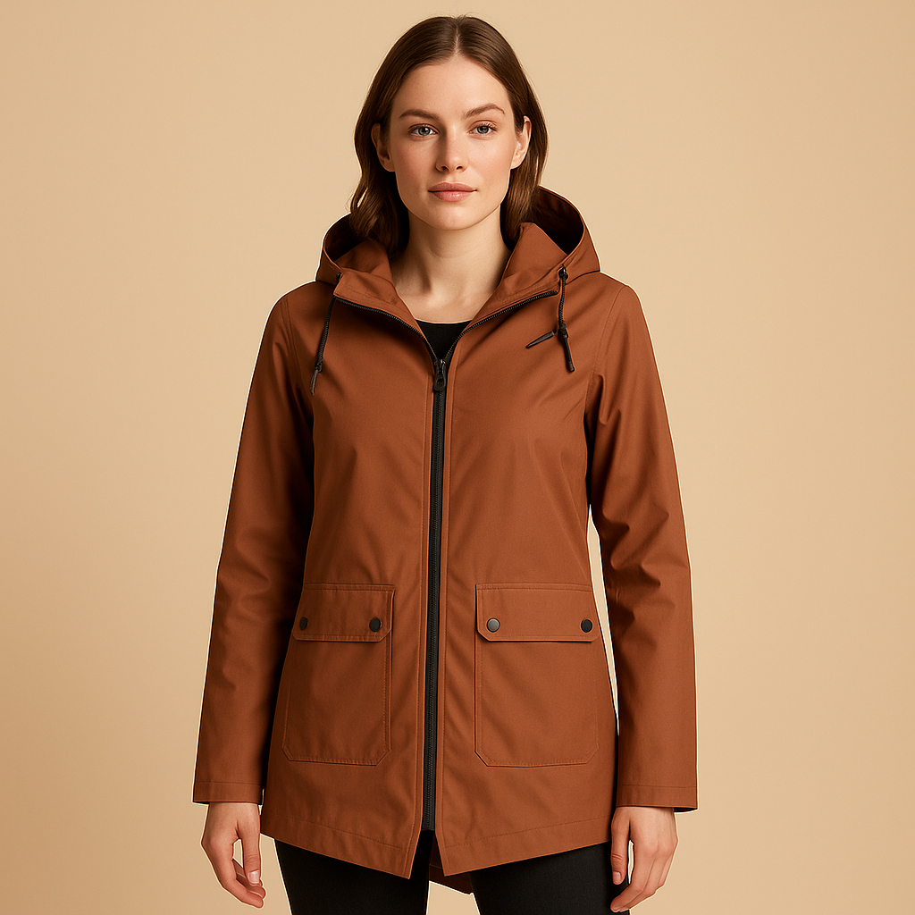 Women’s long waterproof raincoat with hood and breathable design, suitable for rainy days, commuting, and everyday outdoor wear.