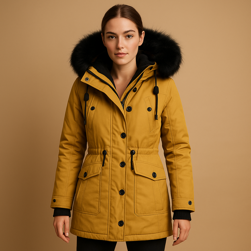 Women’s long waterproof winter coat with fur hood, insulated lining, and elegant extended fit. Available in gold, black, green, pink, red, and yellow.