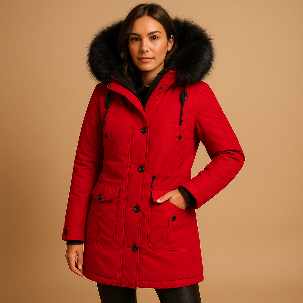 Women’s long waterproof winter coat with fur hood, insulated lining, and elegant extended fit. Available in gold, black, green, pink, red, and yellow.