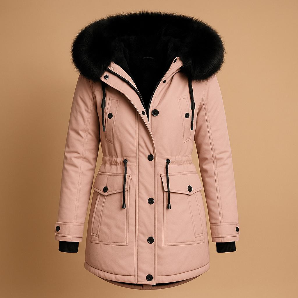 Women’s long waterproof winter coat with fur hood, insulated lining, and elegant extended fit. Available in gold, black, green, pink, red, and yellow.