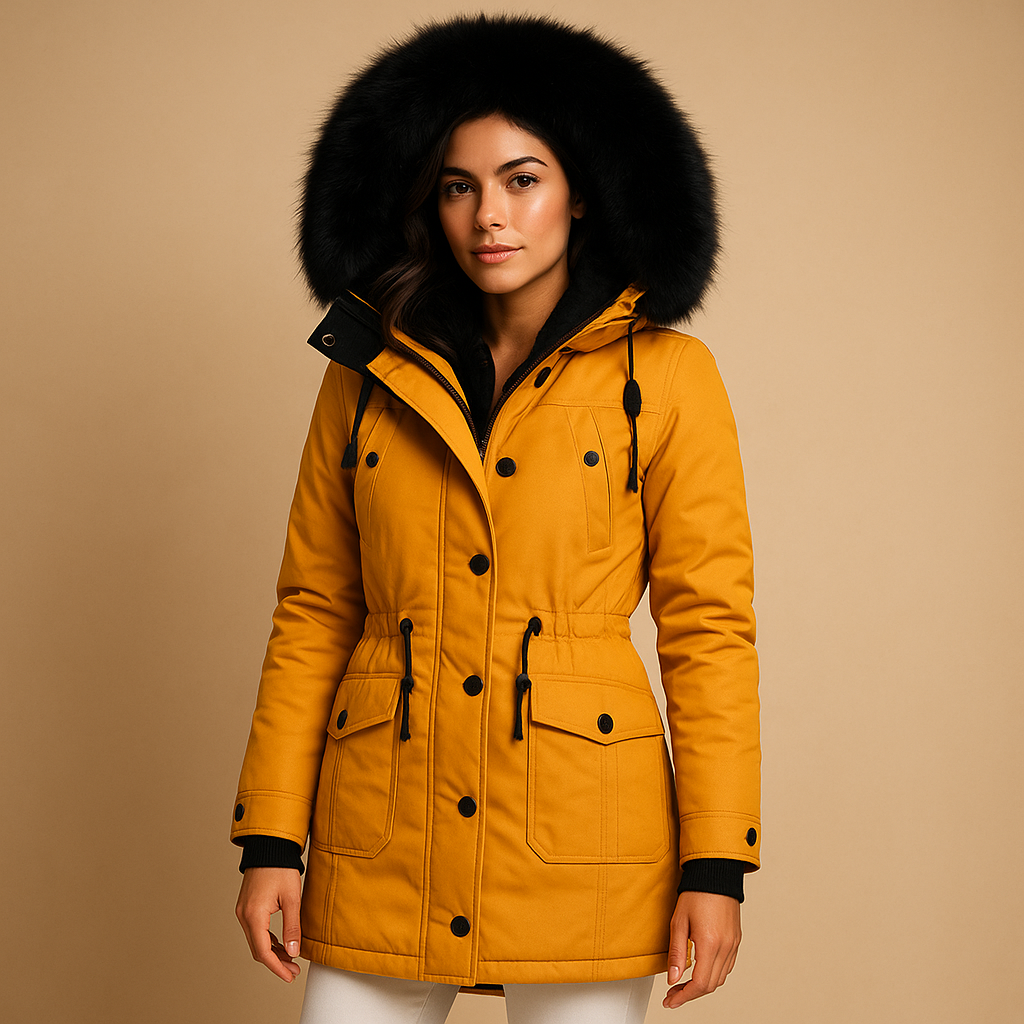 Women’s long waterproof winter coat with fur hood, insulated lining, and elegant extended fit. Available in gold, black, green, pink, red, and yellow.