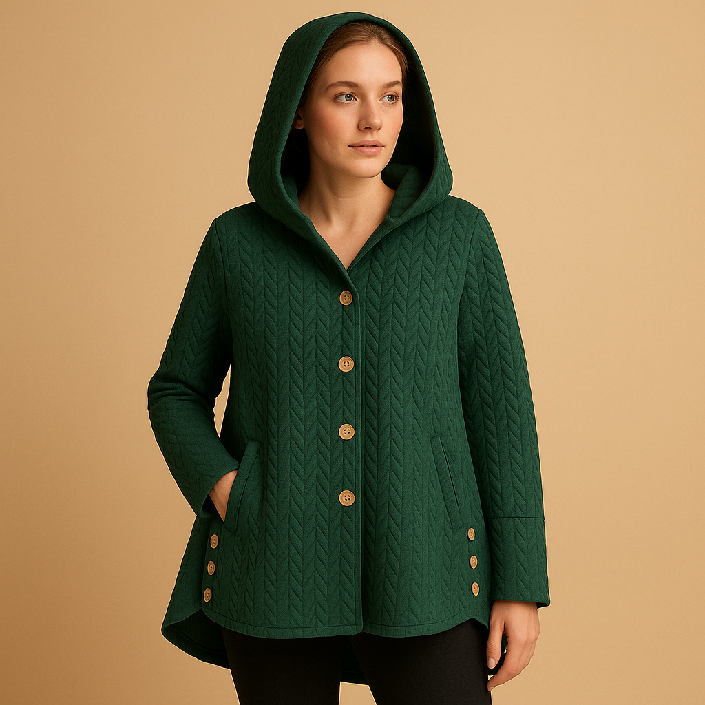 Women’s long winter coat with hood and button closure, designed for cold days, layering, and everyday city wear.