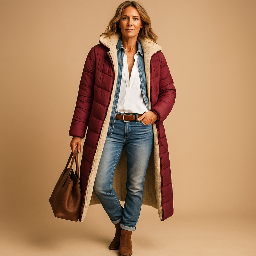 Women’s long winter coat with modern cut, high-quality insulation, and elegant design. Available in black, beige, and navy blue.