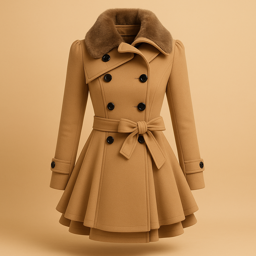 Long winter coat for women with flattering silhouette and chic faux fur collar, perfect for elegant daily wear and winter occasions.