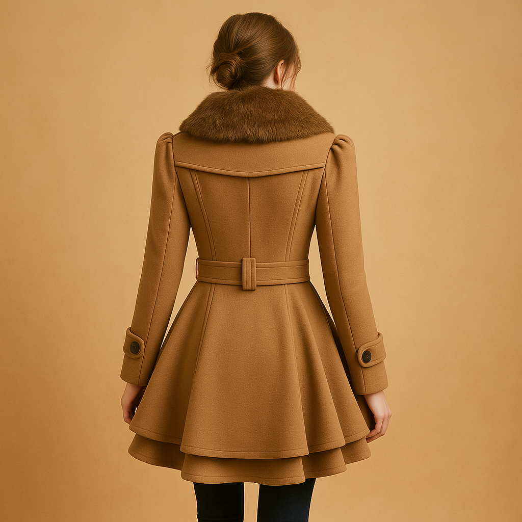 Long winter coat for women with flattering silhouette and chic faux fur collar, perfect for elegant daily wear and winter occasions.