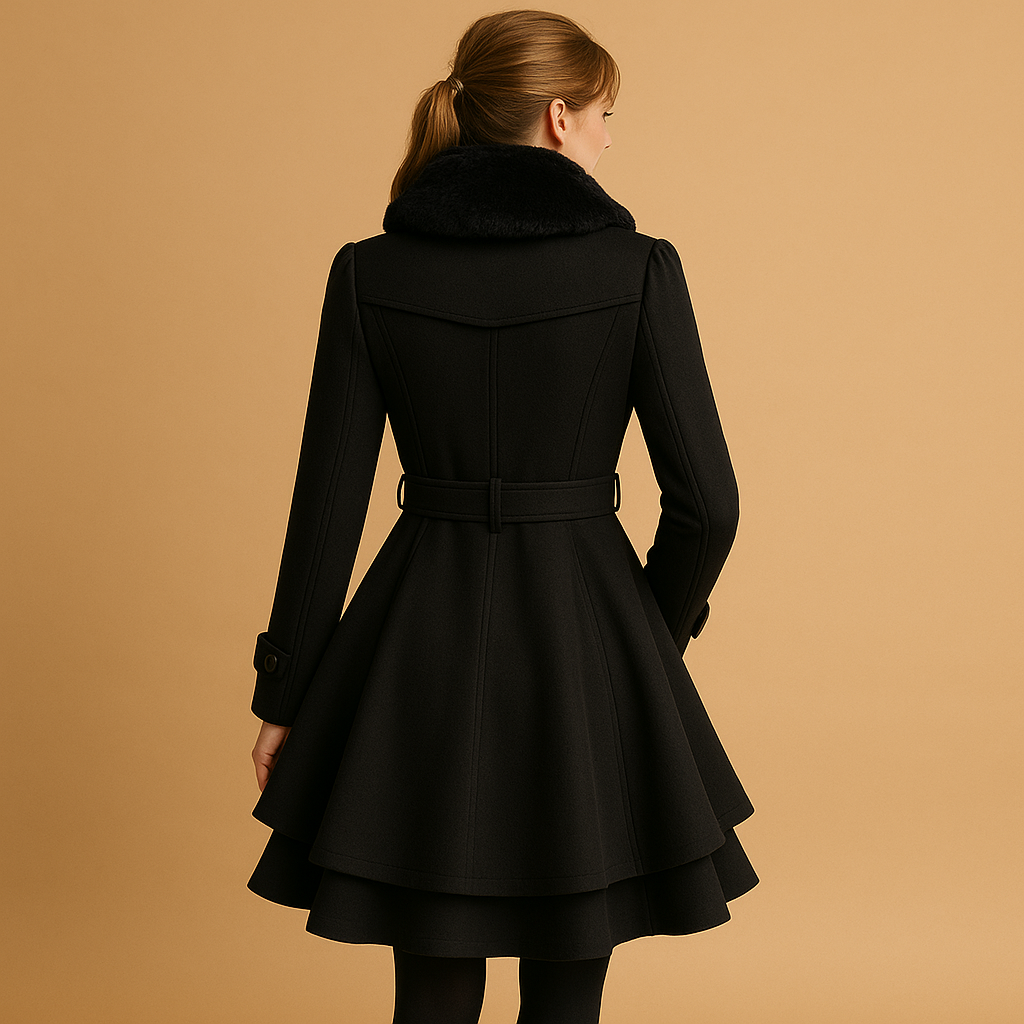 Long winter coat for women with flattering silhouette and chic faux fur collar, perfect for elegant daily wear and winter occasions.