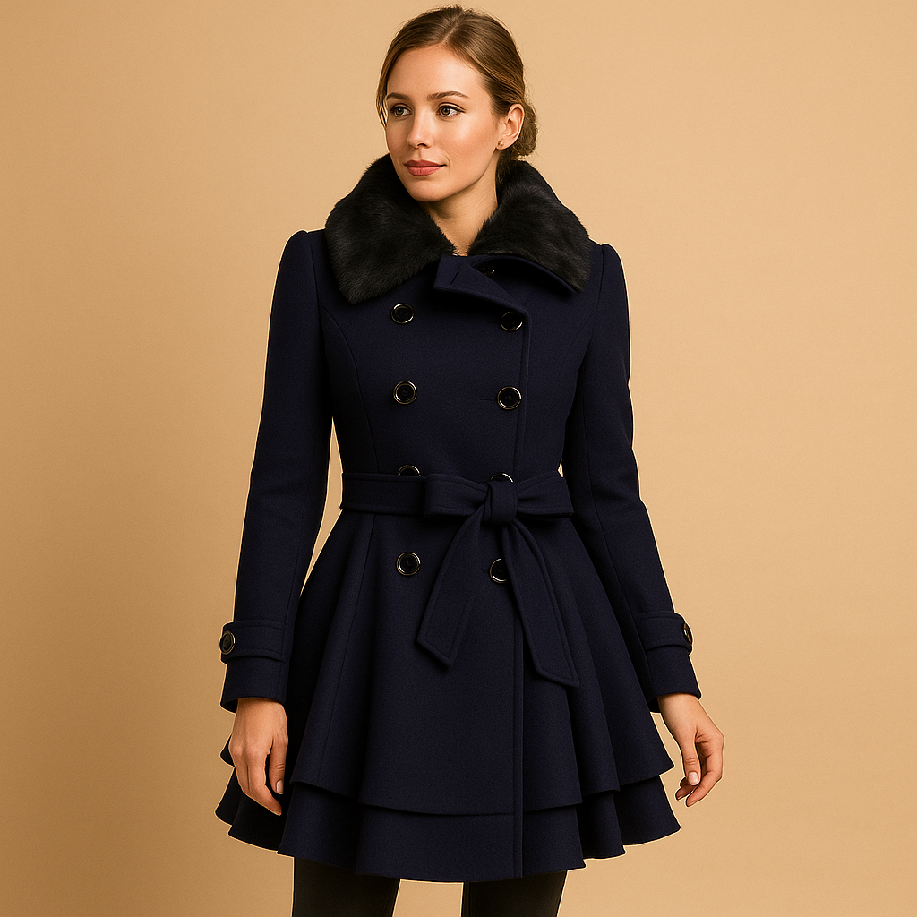 Long winter coat for women with flattering silhouette and chic faux fur collar, perfect for elegant daily wear and winter occasions.