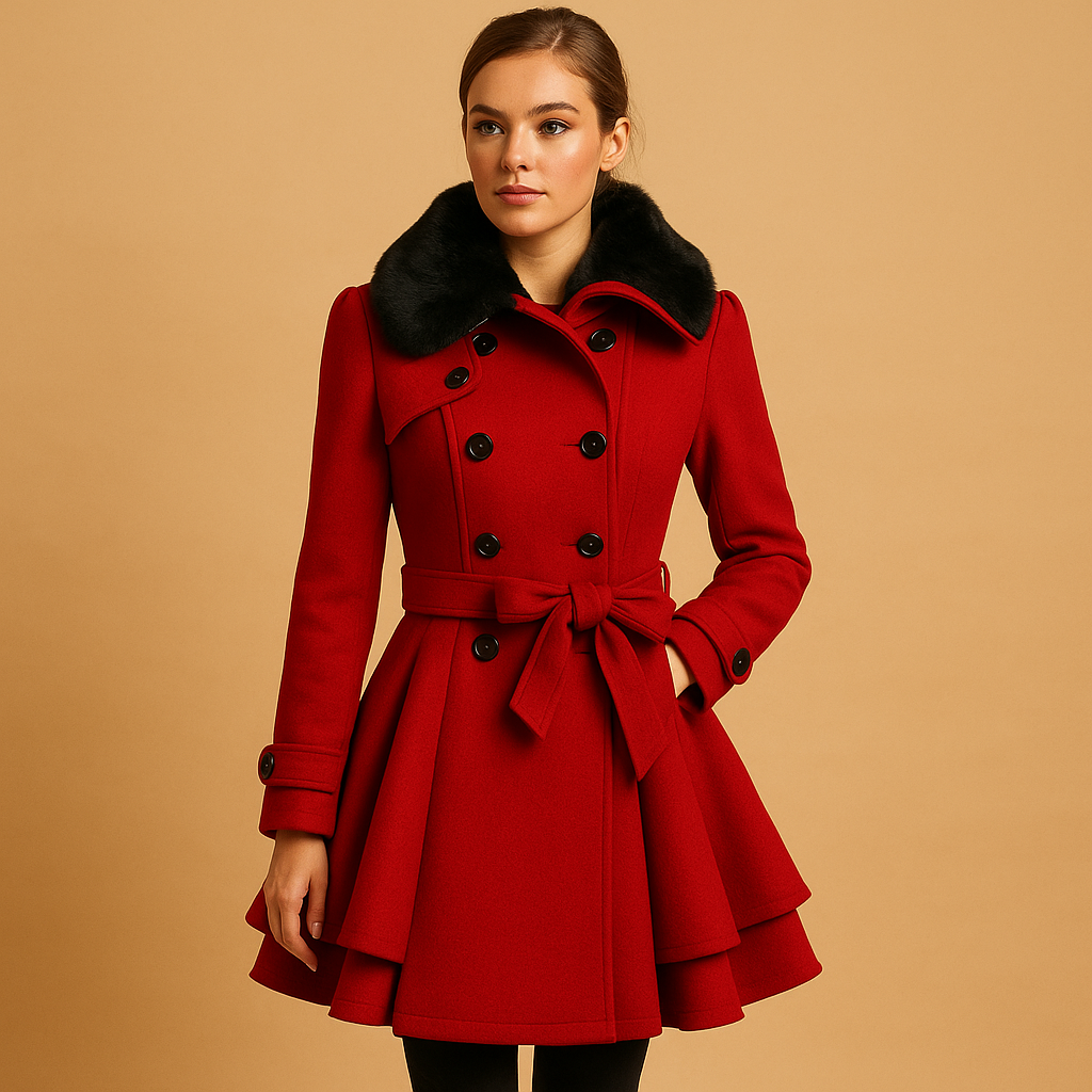 Long winter coat for women with flattering silhouette and chic faux fur collar, perfect for elegant daily wear and winter occasions.